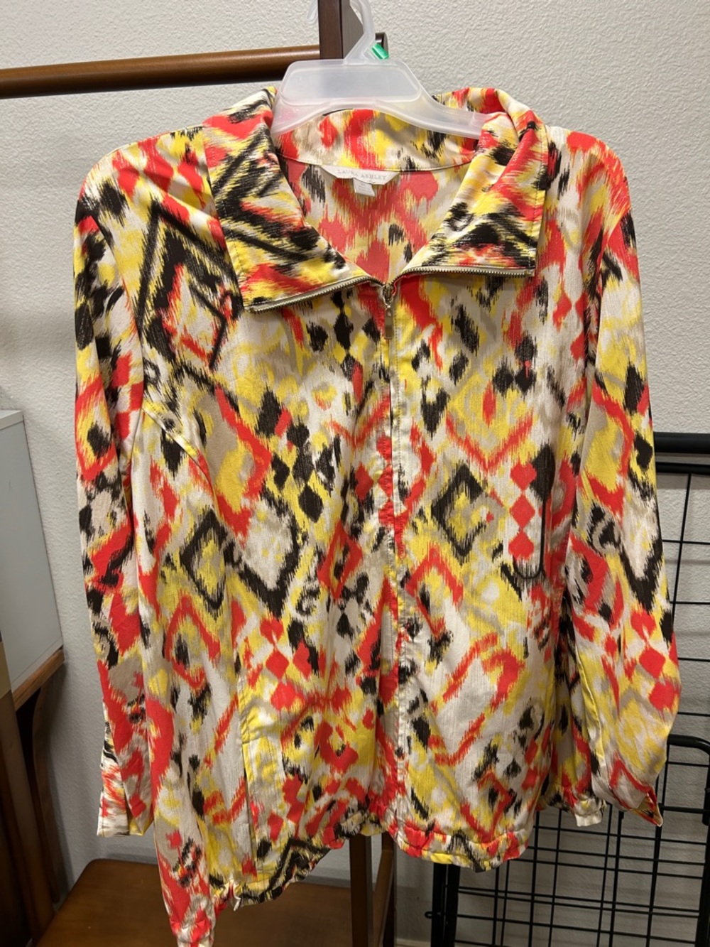 Printed Zip-Front Women's lightweight jacket inRed, Yellow & Black Art to wear